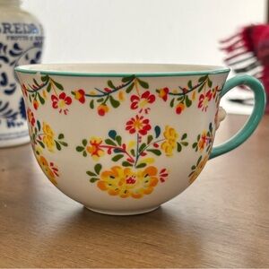 Anthropologie Cadiz Floral Porcelain Coffee Mug /Tea cup with Teal Blue handle